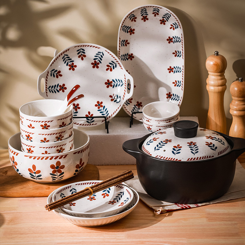 Retro Japanese-Style Coarse Pottery Underglaze Ceramic Tableware for Home Use, Including Bowls, Noodle Bowls, Plates, Steak Plates, and Dish Sets