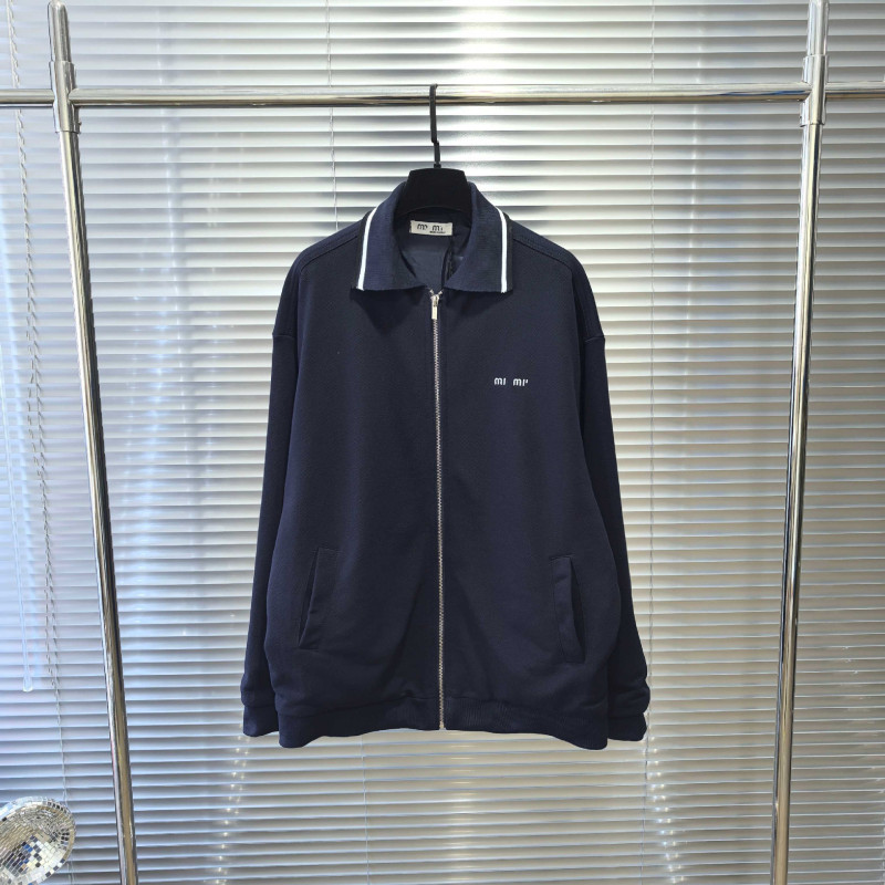 Dujia バージョンオリジナル MIU コントラストカラーラペルネックラインネイビーブルー綿生地ジッパージャケット男性と女性用|undefined