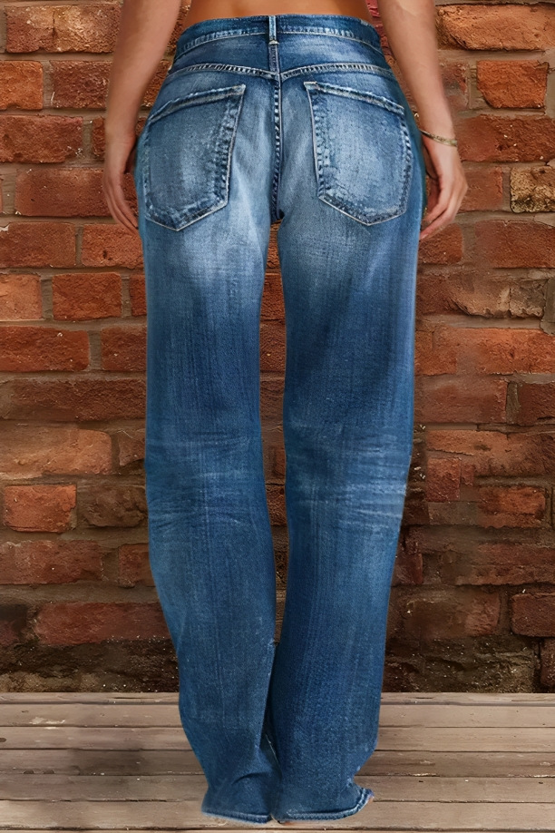 Cross-Border Foreign Trade Women's Denim European And American Trend Mid-Waist Ripped Casual Straight Pants Factory_ecoleips.com