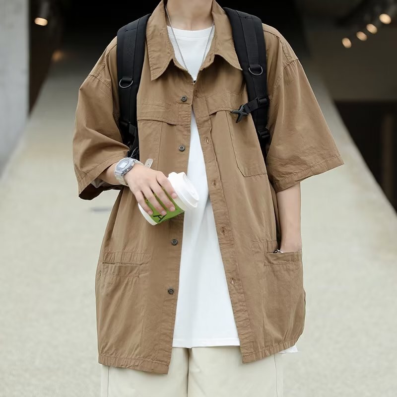 Summer khaki profile CityBoy short-sleeved shirt Japanese style solid color loose fashion brand shirt boyfriend coat