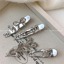 甜酷少女韩版ins小众高级金属银色水钻爱心蝴蝶结发夹刘海夹发饰