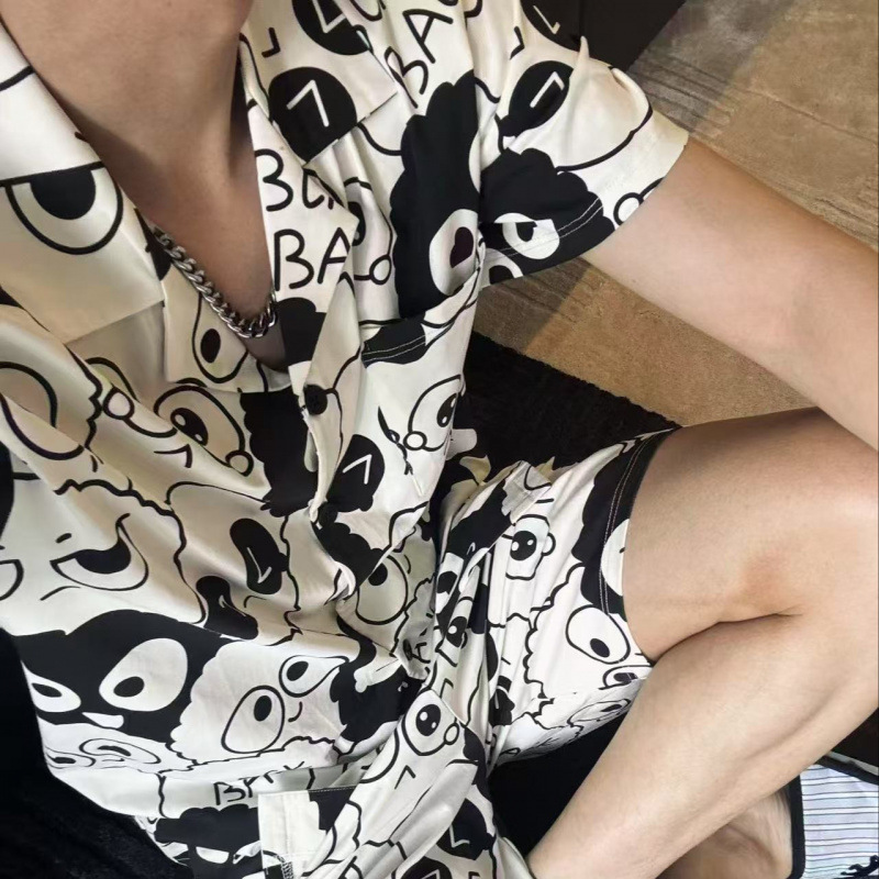 Summer Lightweight Cartoon Briquette Cardigan Short-Sleeved Shorts Comfortable and Breathable Couple's Pajama Set Jj-96086