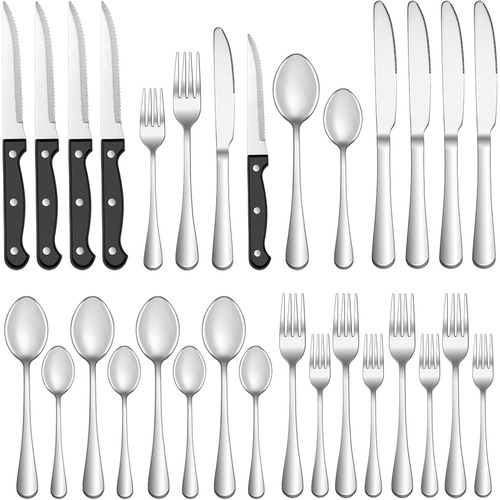 Stainless steel tableware set with steak knife, mirror polished, dishwasher safe