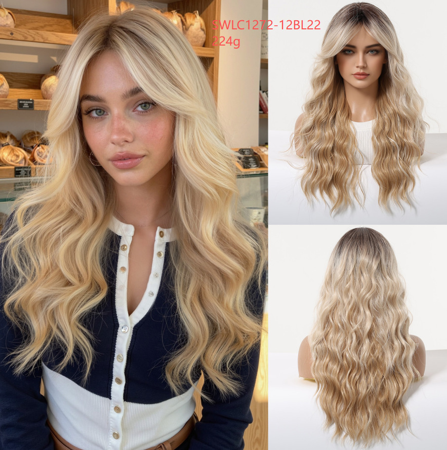 Peluca de Cabello Largo Ondulado Degradado con Flequillo de Fibra Sintética