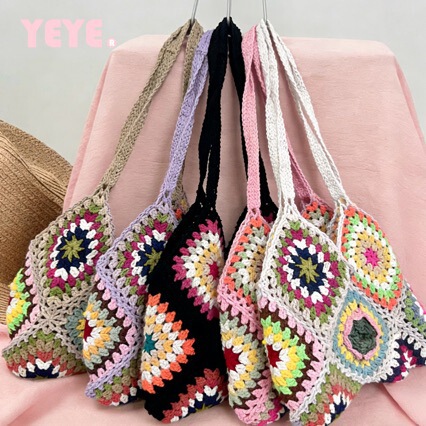 Travel and Vacation Pure Handmade Crochet Bags with Random Mixed Colors and Patchwork, Cross-Border Supply, Ethnic Style Handbags, Shoulder Bags
