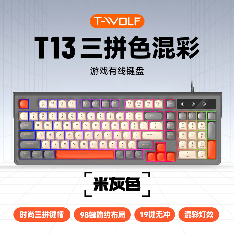Thunderwolf T13 Customized Keyboard Game E-Sports Color Matching Rgb Luminous Compact Computer Keyboard 98 Keys