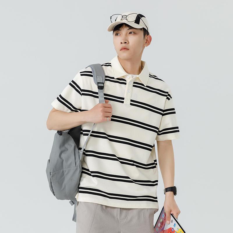 Summer heavy polo shirt men's casual striped lapel short sleeve T-shirt New loose trendy boys' half sleeve top