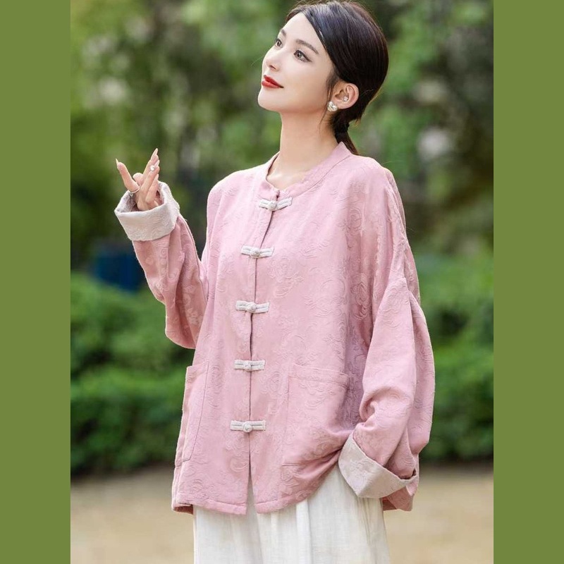 2025秋款纯色棉麻提花中式大码开衫立领盘扣长袖女士文艺外套粉色|undefined