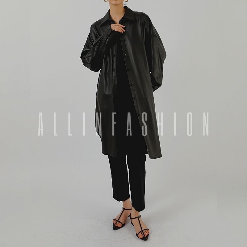 Leather Jacket, Light and Loose, Unisex 2024 Spring & Fall New Style Soft Waxy Lambskin Button Long Shirt Dress Jacket