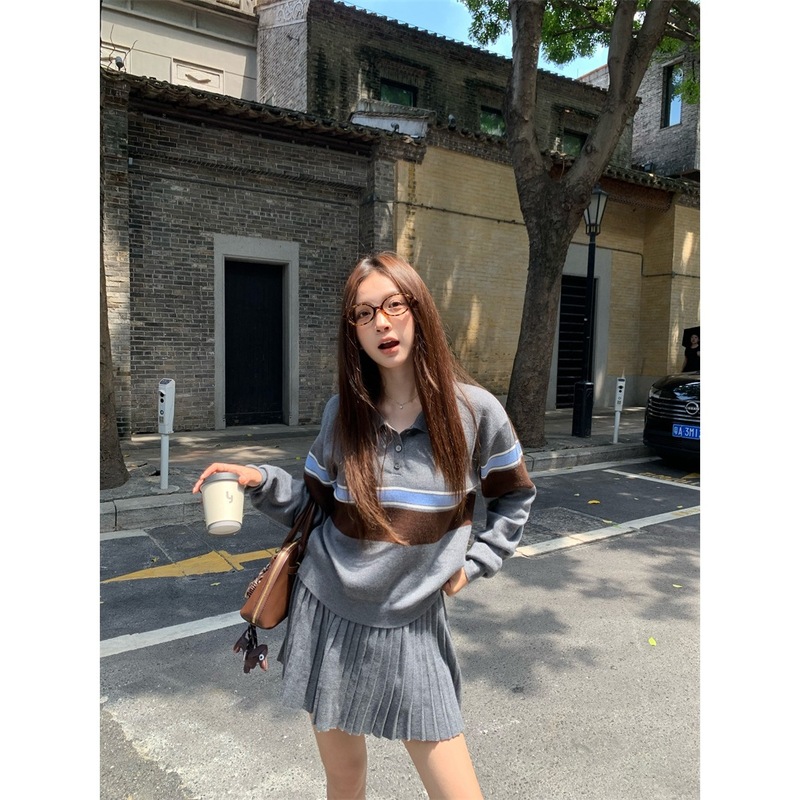 复古撞色条纹polo领毛衣针织衫女秋季休闲套装百褶裙半身裙两件套|undefined