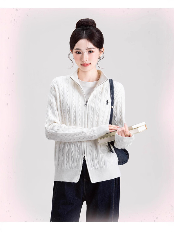 三股包芯纱美式小立领双拉链开衫毛衣女打底设计感刺绣上衣针织外|undefined
