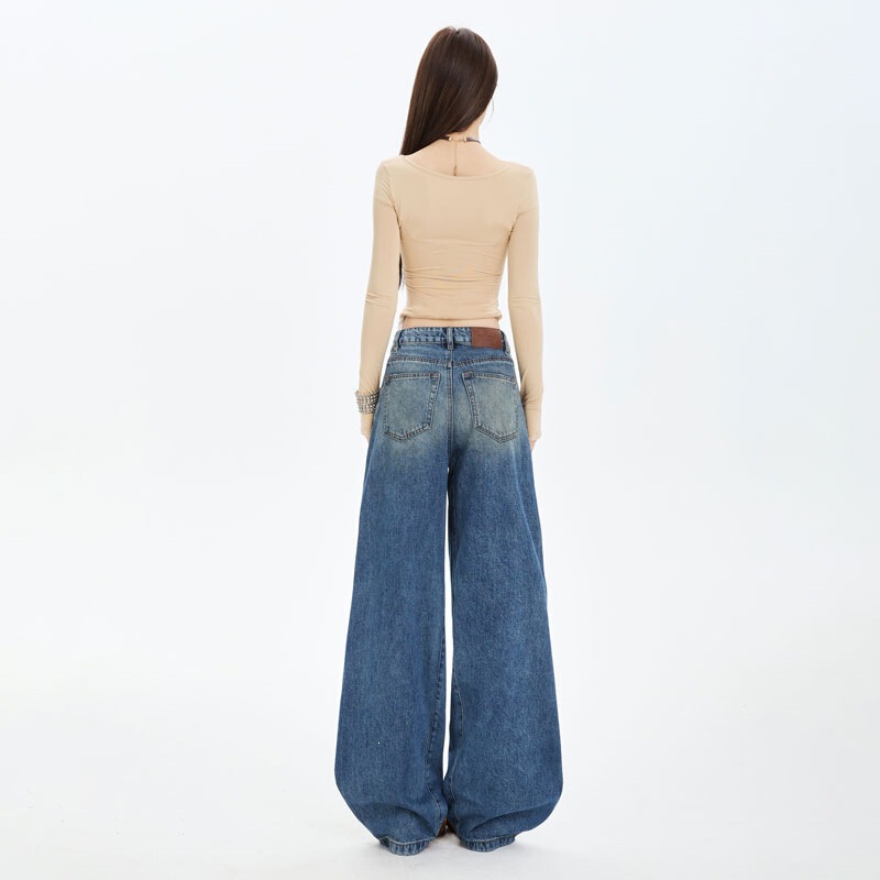 Spring and Summer Vintage American-Style Washed Drawstring Pants with Unique Cut, Loose Structure, Natural Curved Wide-Leg Cotton Denim Pants