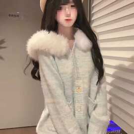 韩系慵懒风蓝色渐变毛领毛绒毛衣连帽针织开衫女外套肌理感秋冬装