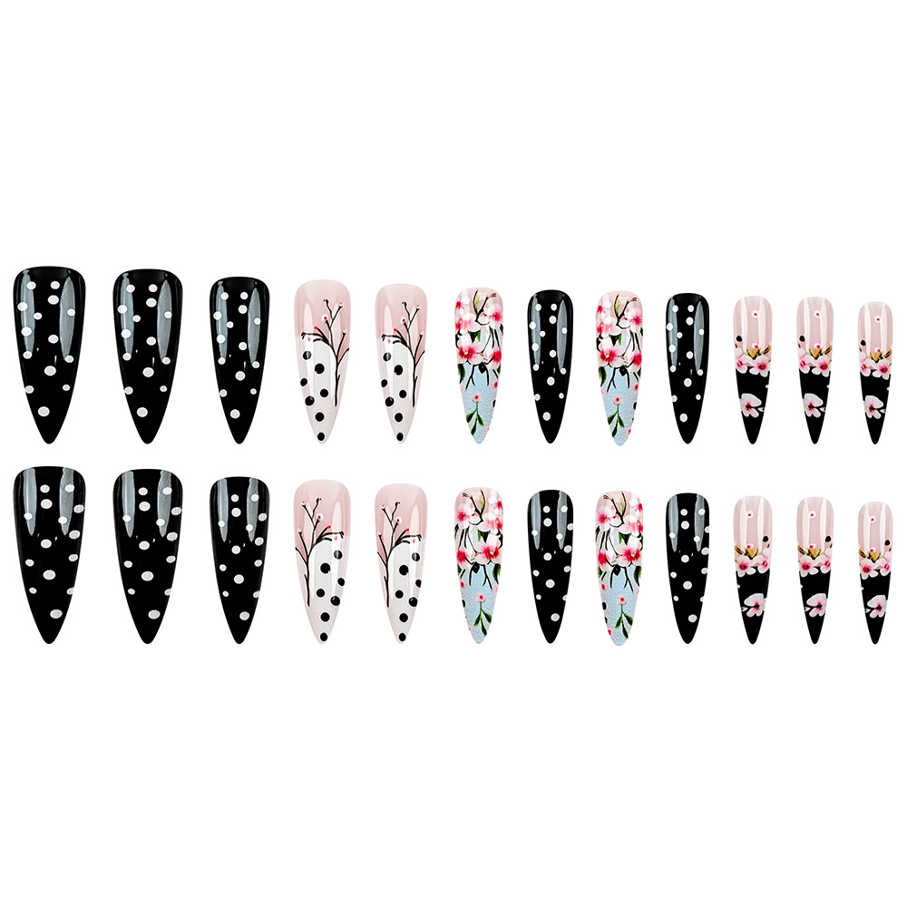 Unas de flores de cerezo pintadas a mano de estilo chino largo y agudo, 24 piezas de uñas falsas en blanco y negro. image 6