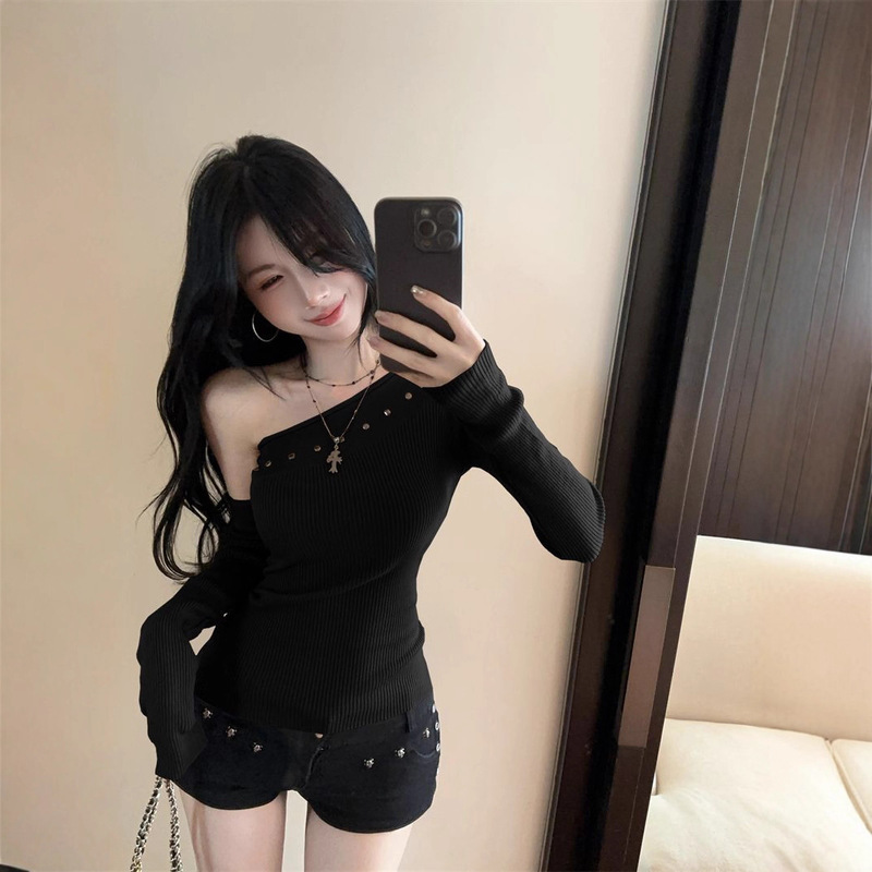 酷飒拽姐甜辣妹一字肩袖套上衣女秋冬斜肩针织打底衫内搭露肩毛衣|undefined