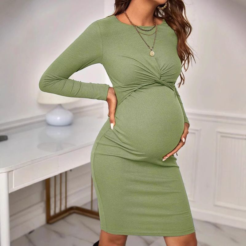 Cotton Maternity Dress for Cross-Border European and American Foreign Trade, Long-Sleeved Maternity Dress with Elegant Twist Knot and Slim Fit Maternity Dress