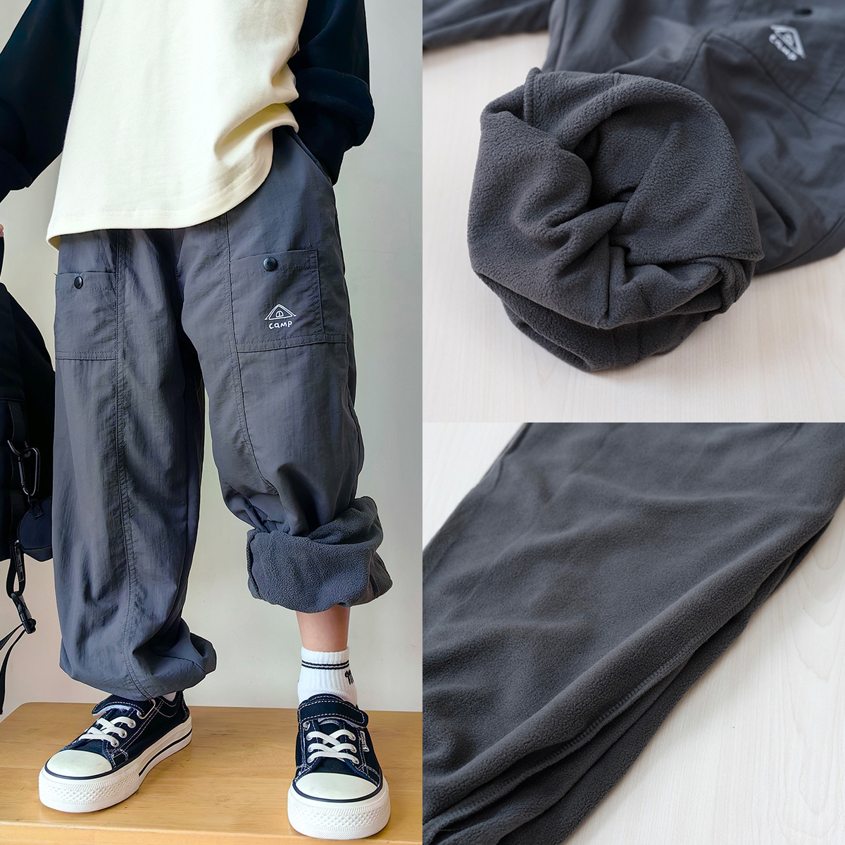 25秋冬儿童户外轻量灰色冲锋裤男童三防加绒加厚运动长裤速干裤潮