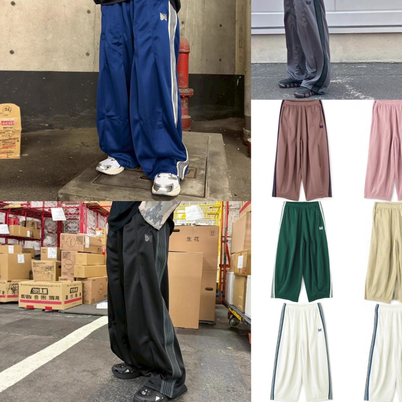 Needles Track Japanese Classic Black and Brown Wide-Leg Pants Hd Butterfly Embroidery Lantern Casual Plus-Size Pants for Men and Women