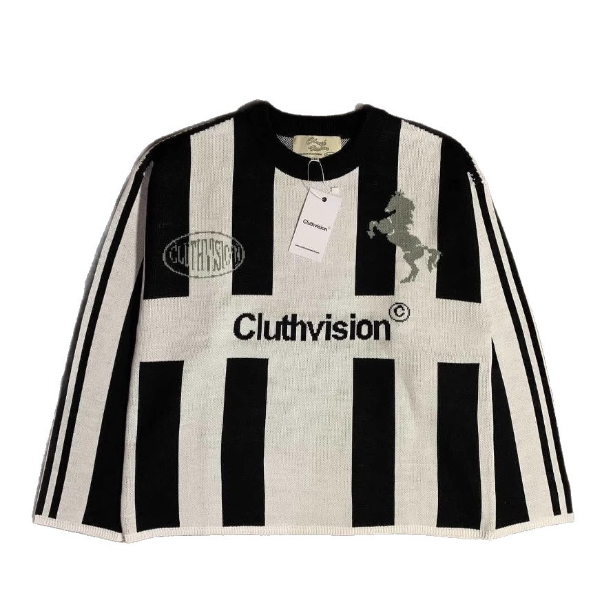 Suéter de rayas verticales sueltas de primavera y otoño retro americano transfronterizo europeo y americano para hombres y mujeres suéter casual de cuello redondo de todo fósforo