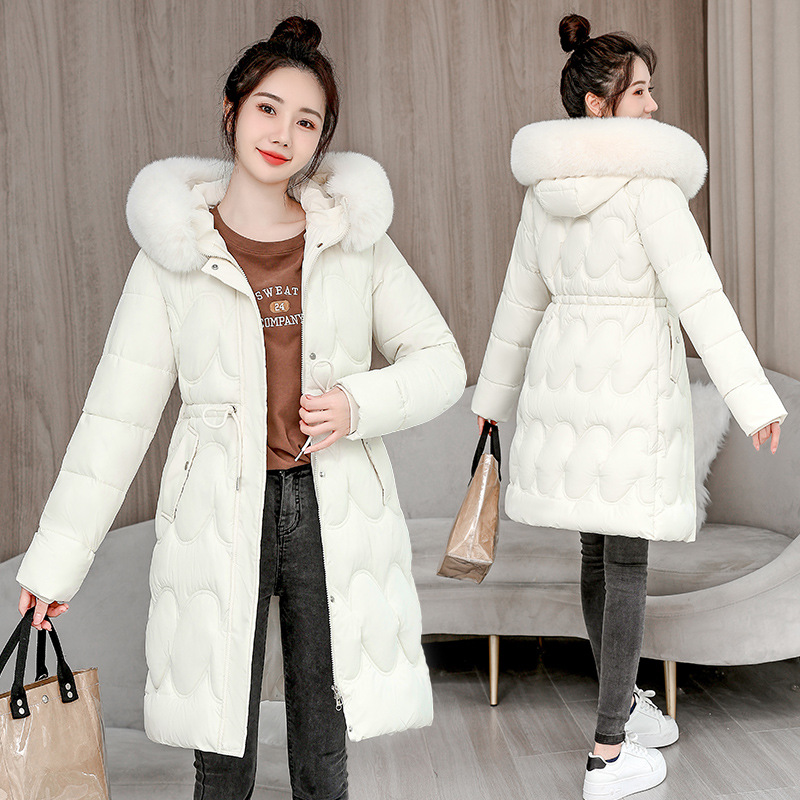 Invierno nuevo tipo de ropa de algodón gruesa media y larga mujer estilo coreano sobre la rodilla cintura delgada chaqueta de algodón de cuello caliente abrigo de pluma