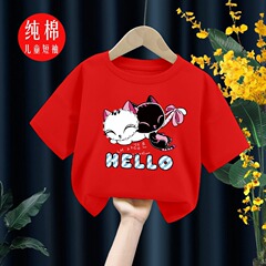 男女童短袖T恤夏季2024新款圓領T恤上衣貓咪卡通圖案印花休閒衣服