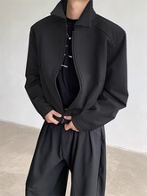 cleanfit黑色短款夹克外套男春秋款高级感痞帅垫肩翻领正肩棒球服
