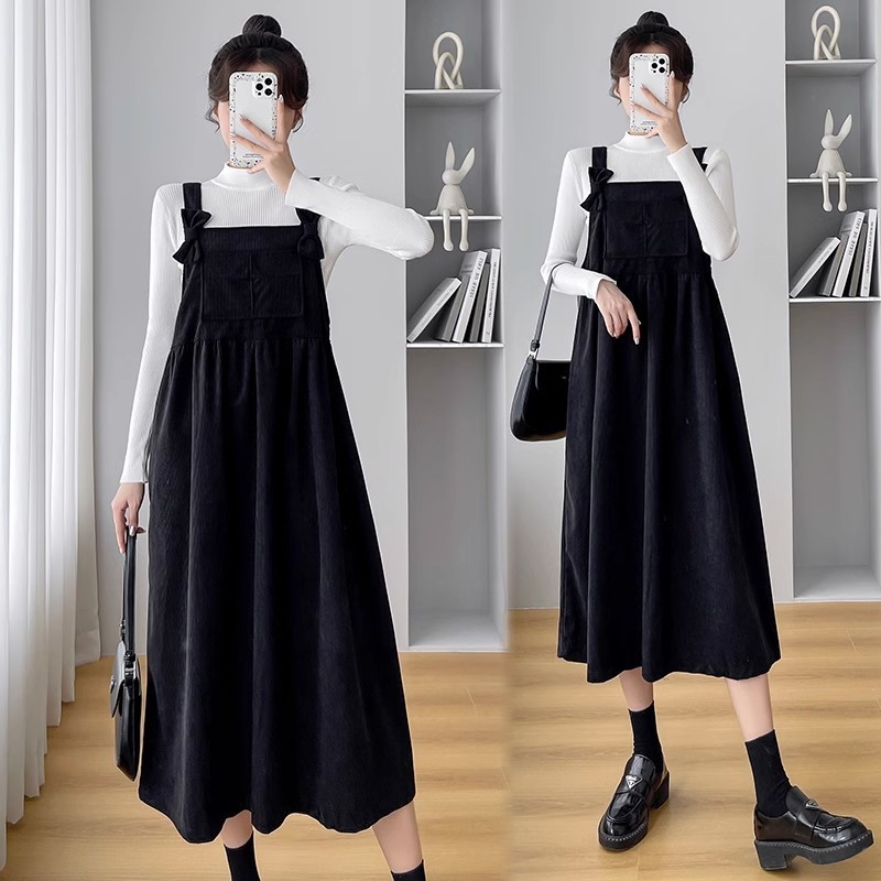임산부 가을 겨울 정장 패셔너블 중간 길이 코듀로이 서스펜더 스커트 슬림 임산부 드레스 대형 투피스 정장