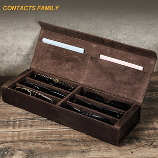 Vintage Crazy Horse Leather Six-Plot Eye Storage Box Handmade Sunglasses Box Foreign Trade Leather Glasses Box