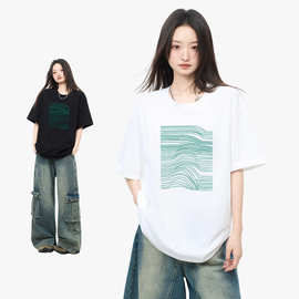 精梳棉线条简约风短袖宽松衣服春季女款纯棉休闲内搭半袖打底衫男
