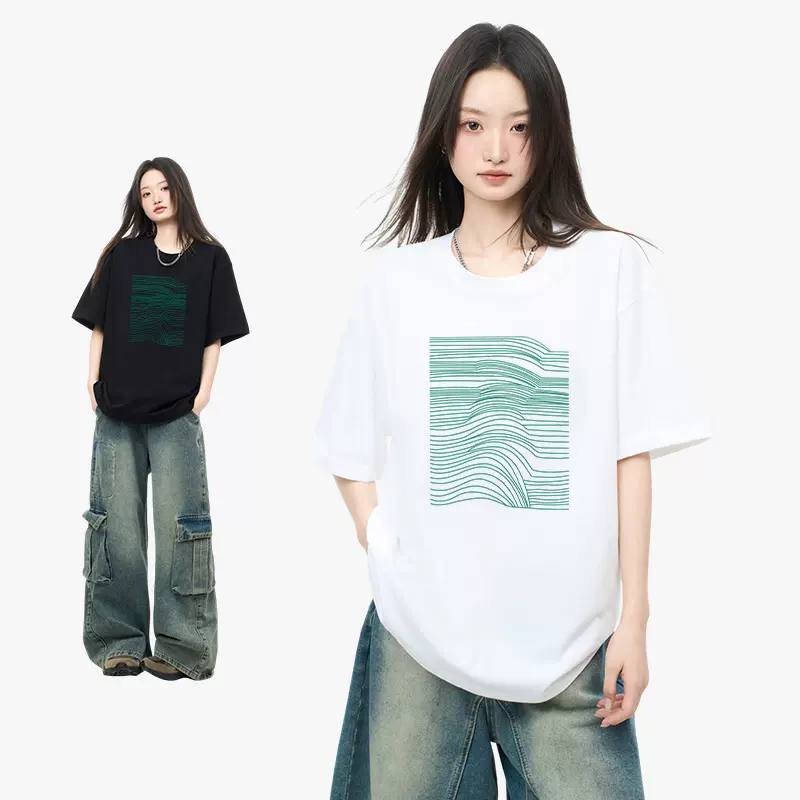 精梳棉线条简约风短袖宽松衣服春季女款纯棉休闲内搭半袖打底衫男