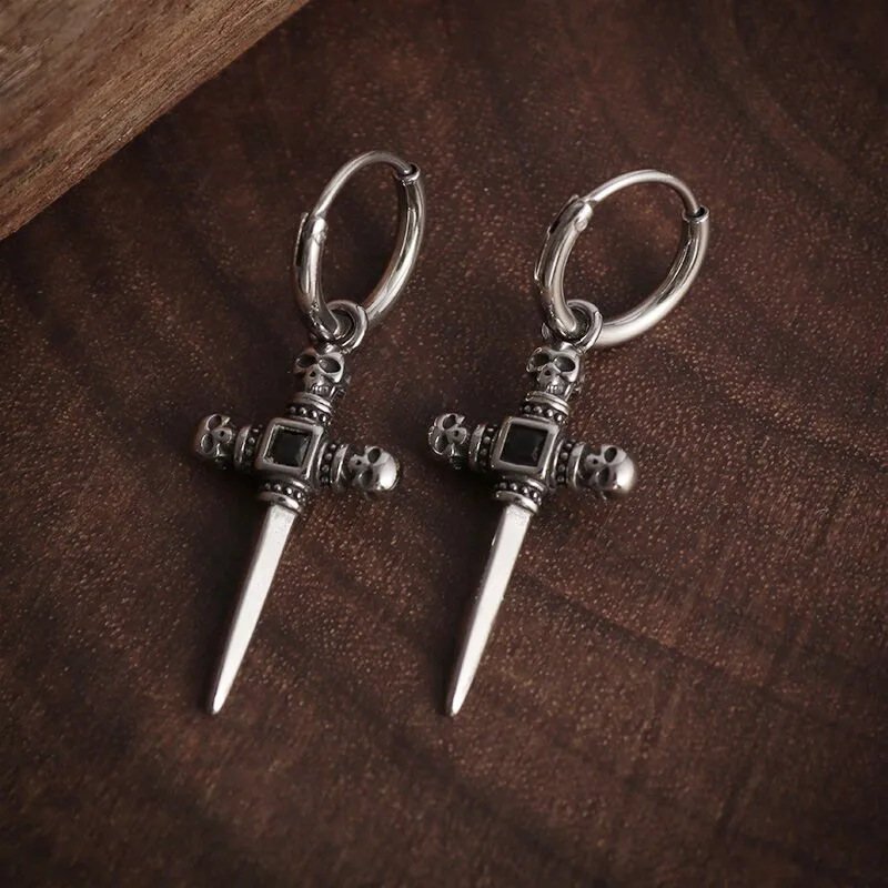 Cross-Border Retro Skull Cross Sword Gemstone Copper Earrings Silver Needle Men and Women Cycling Hip-Hop Gothic Jewelry