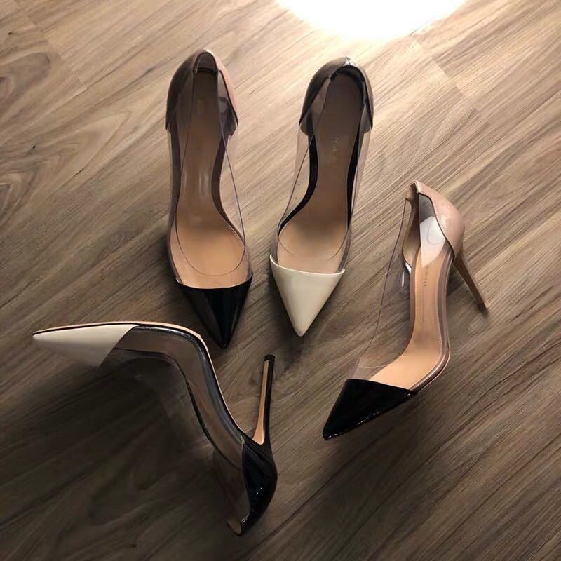 Ins Super Hot 2025 Spring New Pointed Toe Transparent White Color Matching Pointed Toe High Heels Stiletto Black Flats for Women