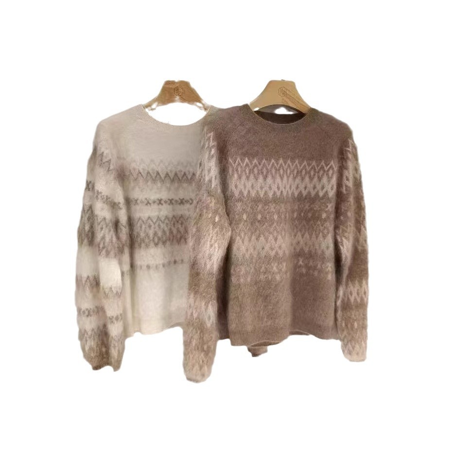 후베이 스타일 2024 겨울 새로운 라운드 넥 페어 섬 브러시 긴 소매 쉘 손 자수 풀오버 캐시미어 스웨터