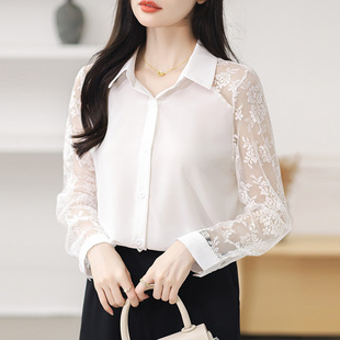 Real shot 17 color 5 size 2024 western style new women's lapel lace stitching chiffon shirt top cardigan shirt