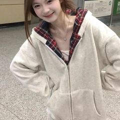 拼接格子连帽开衫卫衣女秋冬假两件美式潮牌重磅硬挺拉链开衫外套