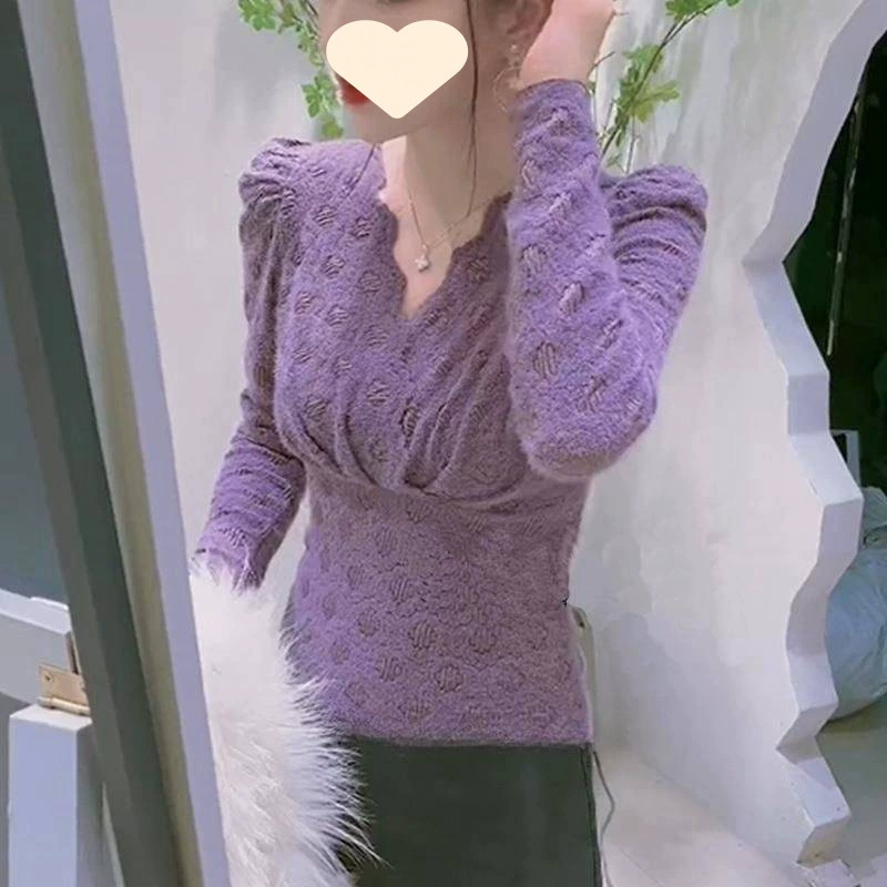 [2025 春季新款洋气小衫紫色内搭蕾丝衫女V领高级感打底衫内穿上衣]