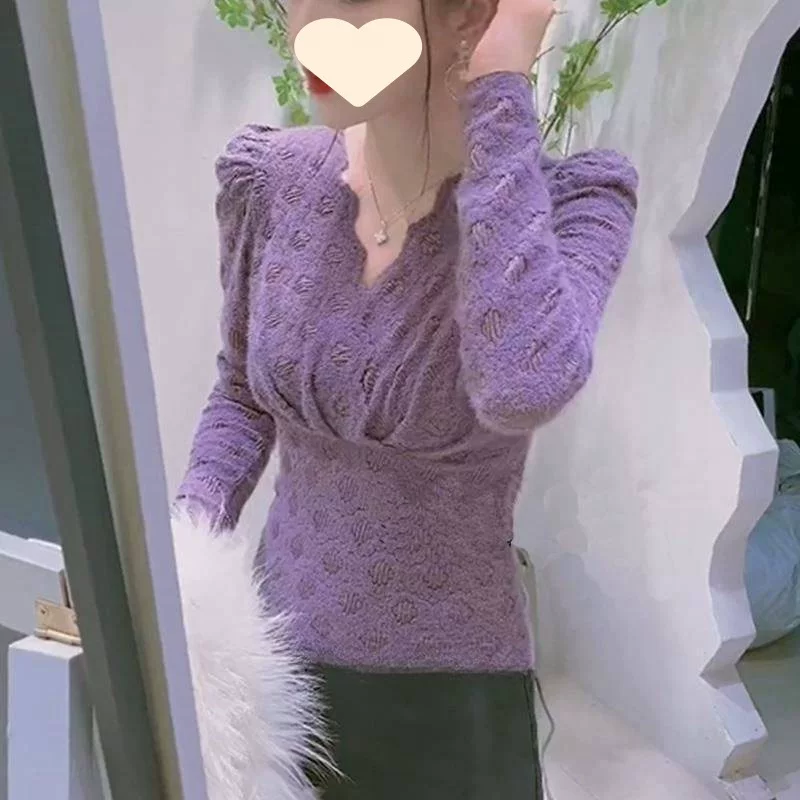 [2025 春季新款洋气小衫紫色内搭蕾丝衫女V领高级感打底衫内穿上衣]