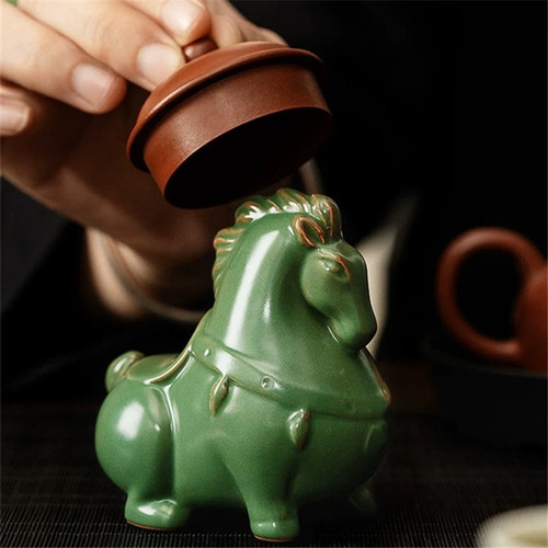 Ruyao Ceramic Creative Tea Pet Green Horse Ornament with Crackle, Office Tea Ceremony Small Decor Gift Boxed Handgift