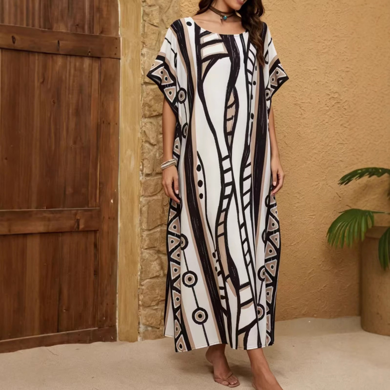 European and American Cross-Border Women's Printed Long Robe Beach Cover-Up Loose Vacation Long Dress Seaside Swimsuit Outdoor Beach Dress European and American Cross-Border Women's Printed Long Robe Beach Cover-Up Loose Vacation Long Dress Seaside Swimsuit Outdoor Beach Dress