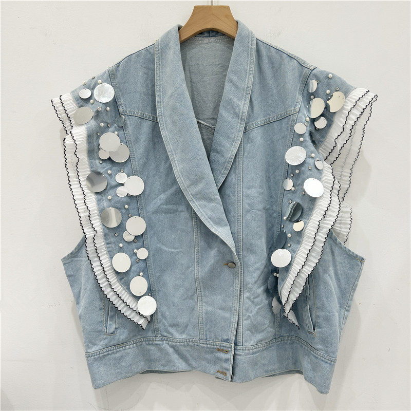 2024 industria pesada sequinilla borde de loto empalme cuentas de encaje sueltas versátiles lavado con agua jeans azul clip cardigan chaqueta
