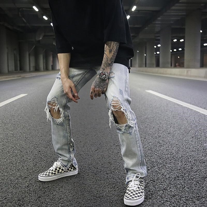European and American High Street Classic Wash Old light blue Ripped Cat Must Slim Jeans Bereavement Trousers for Men European and American High Street Classic Wash Old light blue Ripped Cat Must Slim Jeans Bereavement Trousers for Men