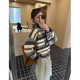 2025秋季新款韩系休闲条纹针织开衫女宽松镂空显瘦毛衣外套图片色