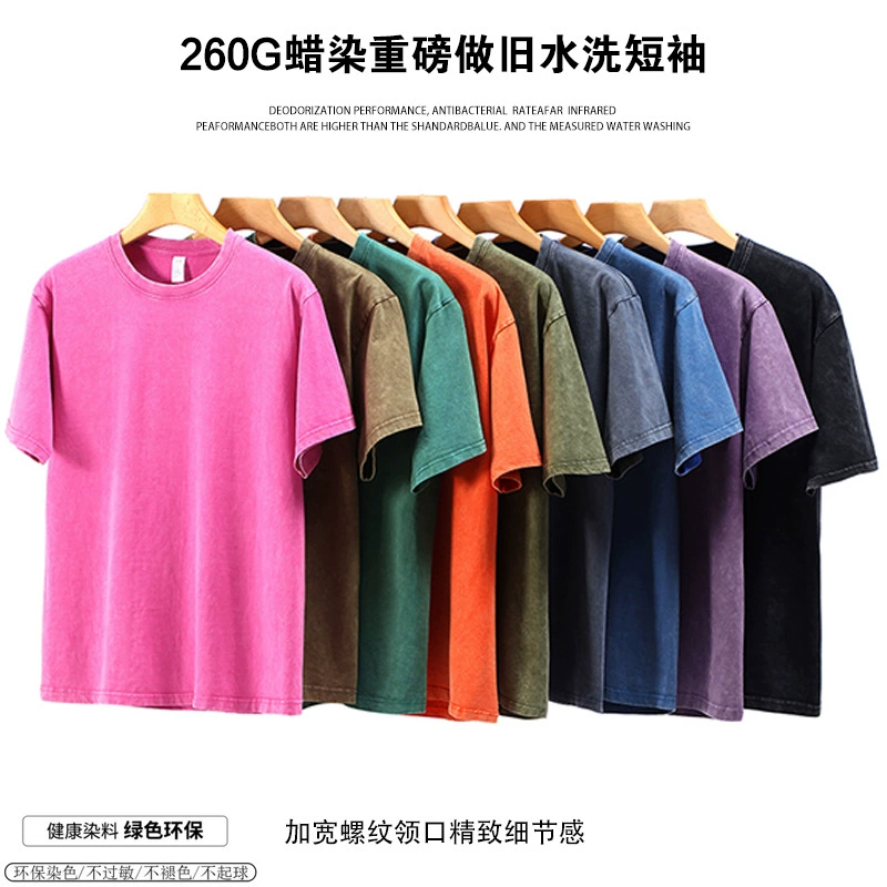260 г тяжелой хлопчатобумажной воды, вымытой старым цветным батиком с короткими рукавами, свободными трендами, винтажная футболка с плечами