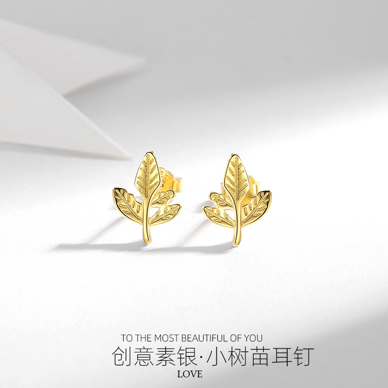 Pendientes de plata esterlina Aguja de plata de ley Chica dulce sauce hoja Stud pendientes 925 al por mayor diamante incrustado pequeño retoño aretes de plata oreja hueso Stud