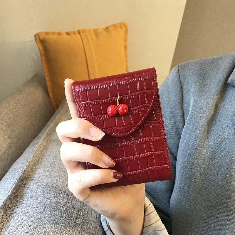 Genuine Leather Card Holder & ID Wallet for Women - New Cherry Design, Compact Vertical Cute Coin Purse & Short Wallet - Thumbnail 3