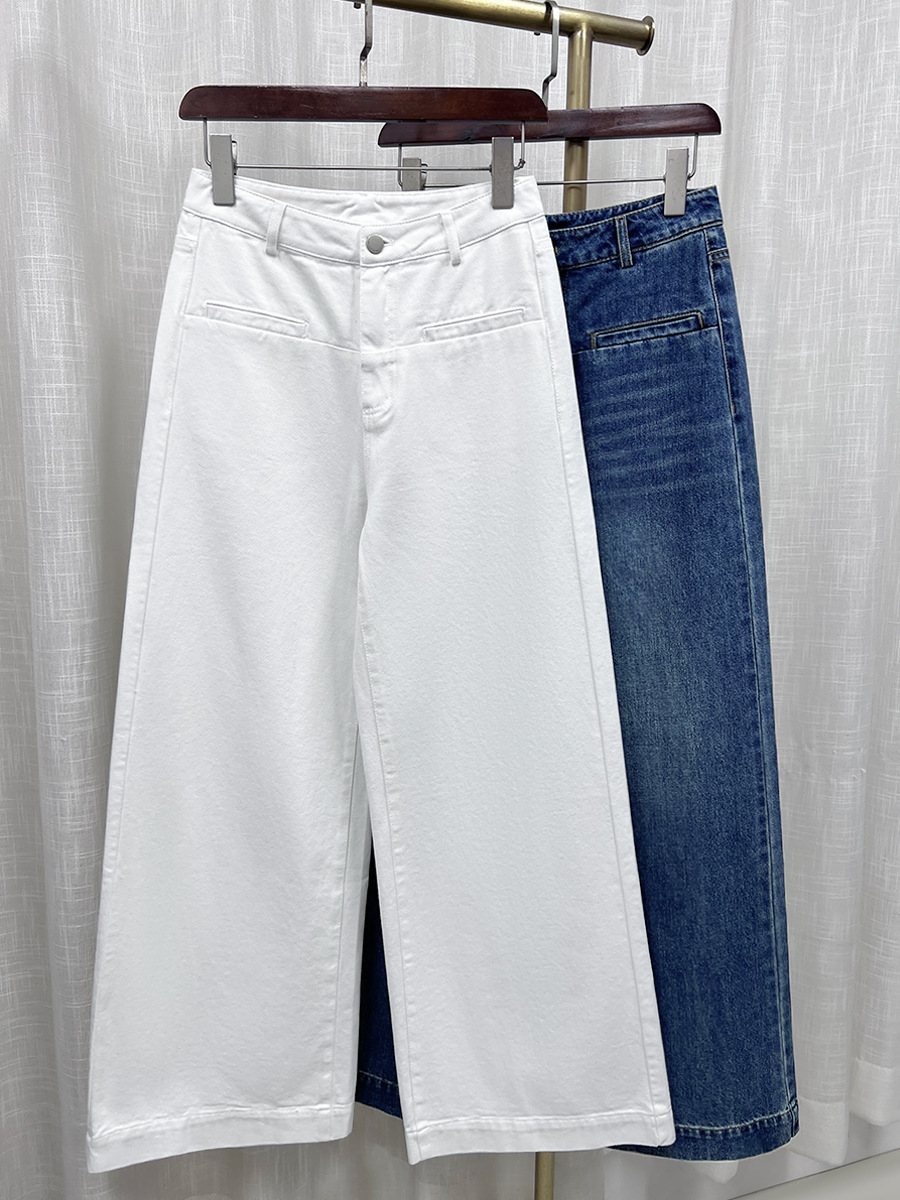 Quần ống loe nữ cạp cao dáng suông rộng chất liệu linen phối sợi tencel — xanh lam