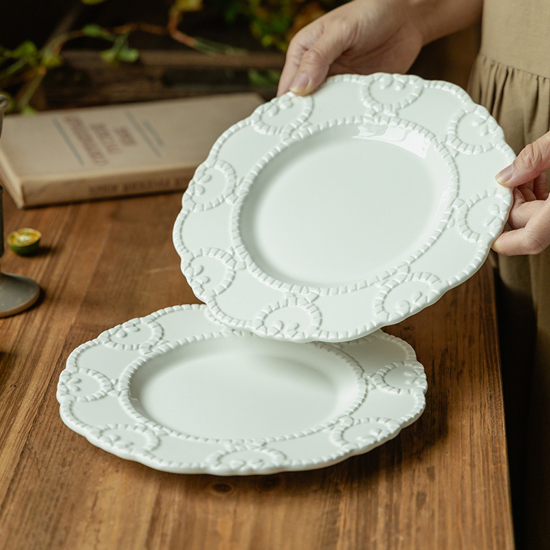 Plato de cerámica en relieve francés, plato de encaje, plato de postres de restaurante de alto nivel, plato creativo para el hogar, plato diario