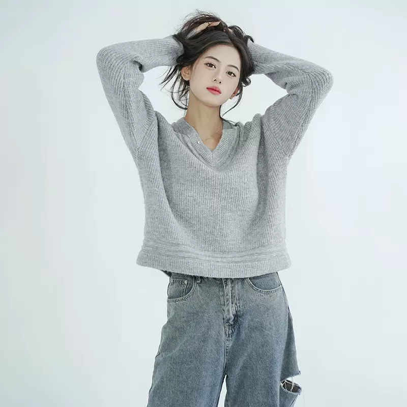 灰色鸡心领毛衣外套女款蓬松慵懒风宽松秋冬外穿打底针织衫上衣女