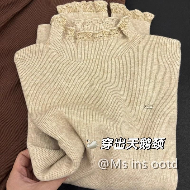 Factory Direct Sale French-Style Autumn and Winter Lace-Trimmed Base Shirt for Women, Fur-Lined Half-Turtleneck Sweater, Long-Sleeve Knit Top Factory Direct Sale French-Style Autumn and Winter Lace-Trimmed Base Shirt for Women, Fur-Lined Half-Turtleneck Sweater, Long-Sleeve Knit Top