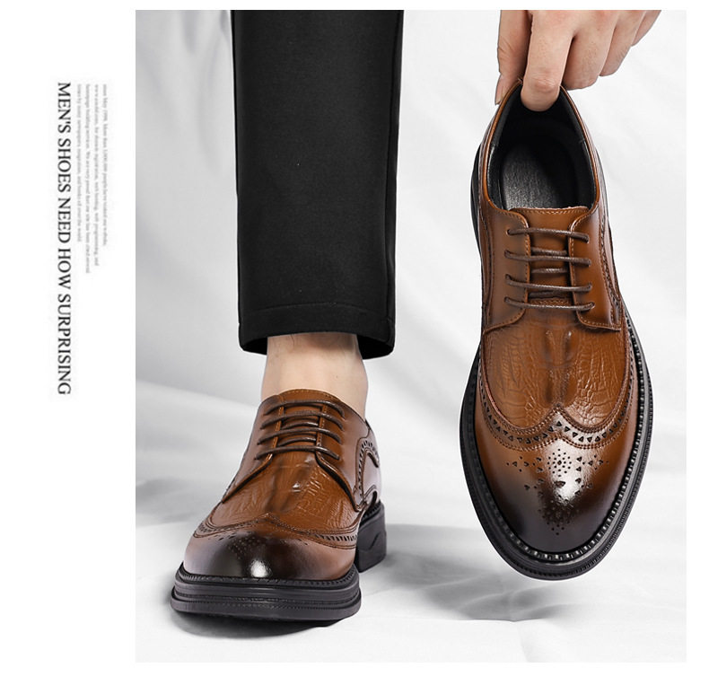 Giày da nam công sở da bò vân cá sấu mũi nhọn kiểu Brogue tăng chiều cao — Nâu công sở, Đen thời trang chi tiết 19